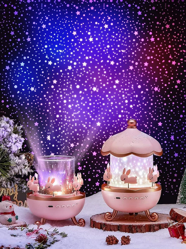 Cute Bunny Carousel Galaxy Star Projector – Rotating Night Light Lamp for Kids Room