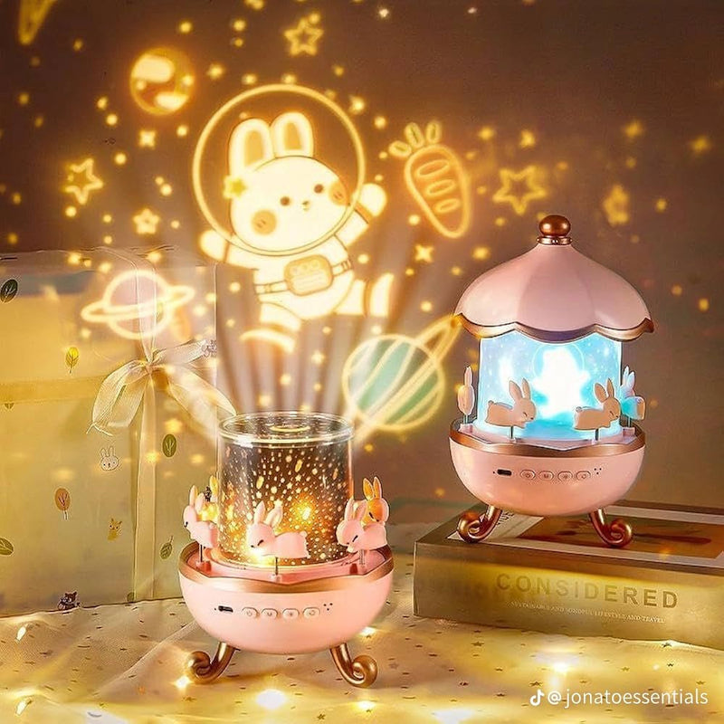 Cute Bunny Carousel Galaxy Star Projector – Rotating Night Light Lamp for Kids Room