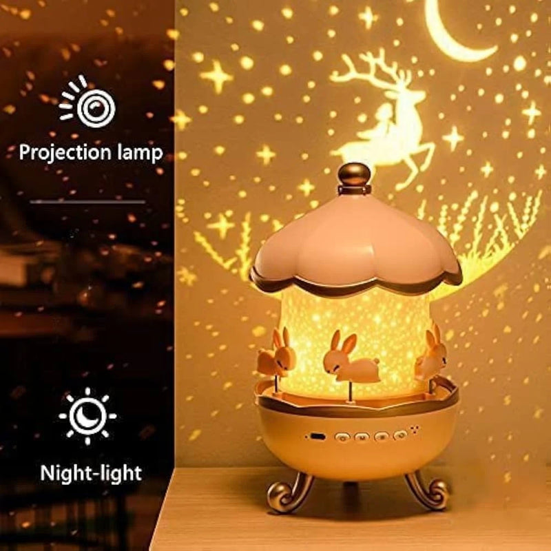 Cute Bunny Carousel Galaxy Star Projector – Rotating Night Light Lamp for Kids Room